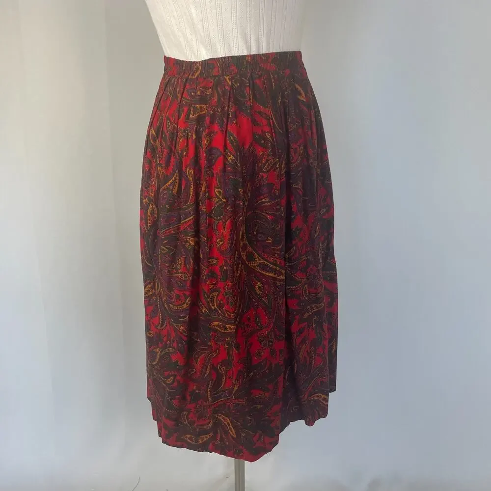 Vintage Midi Skirt Size 10 Red Paisley Pleated A Line Retro Preppy Academia 90s